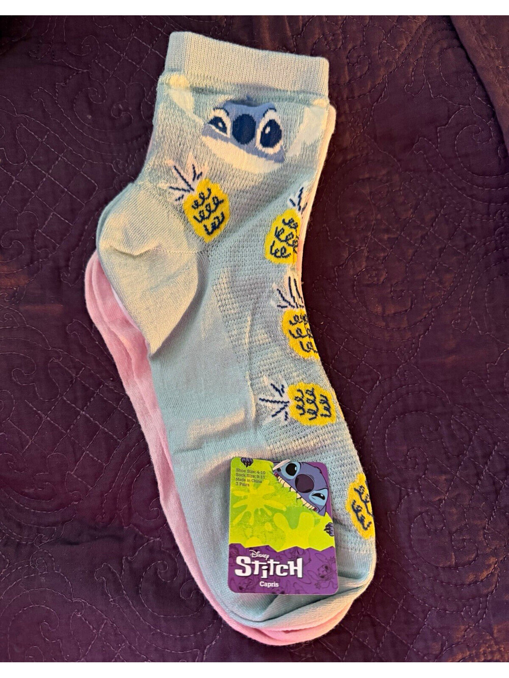 Disney Stitch & Angel Adult Crew Socks 3 Pairs Blue Pink Yellow [COPY]